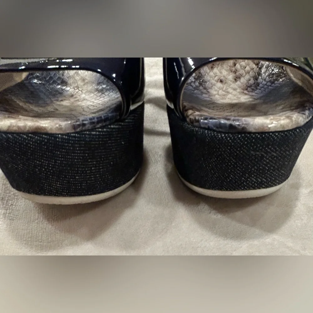 AGL Attilio Giusti Leombruni Blue Patent Leather, Denim Wedge Sandal, Size 38.5